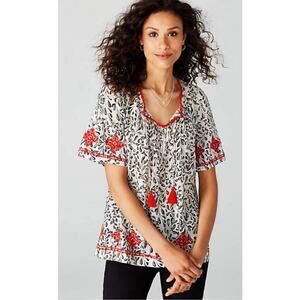 J Jill White Red Embroidered Cotton Tassel Top Boho Size M Petite